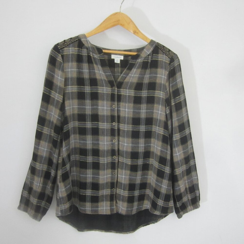 Sundance Womens M Brown Black Gold Plaid Regal Plaid Velvet Embroidered Shirt
